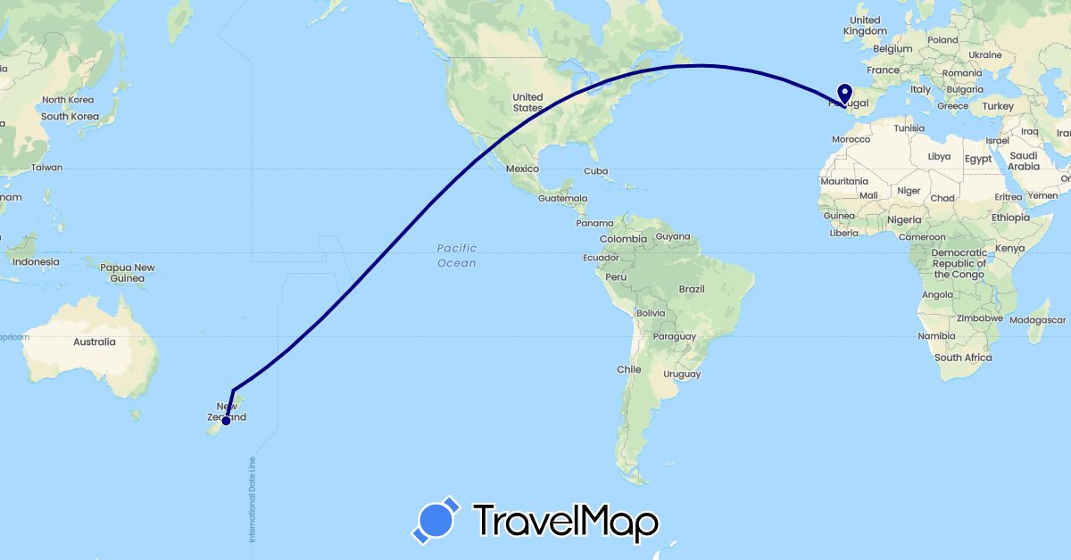 TravelMap itinerary: driving in New Zealand, Portugal (Europe, Oceania)